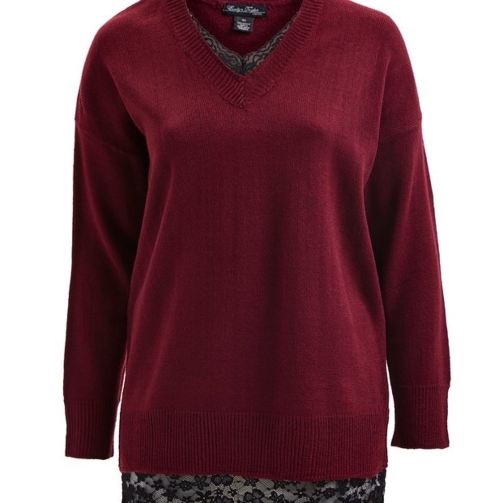 Evelyn Taylor Sz L Burgandy & Black Lace-Trim V-Neck Sweater